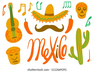 Mexico elements set guitar notes sombrero mustache vector illustration hand drawing