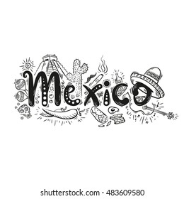 Mexico elements set - vector handwritten lettering and sketches isolated on white background