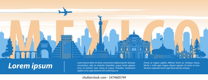 Mexico famous landmark silhouette style,text within,sunset time,vector illustration