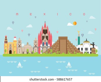 Mexico Famous Landmarks Infographic Templates for Traveling Minimal Style and Icon, Symbol Set Vector Illustration Can be use for Poster Travel book, Postcard, Billboard.