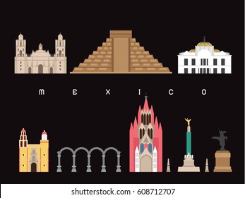 Mexico Famous Landmarks Infographic Templates for Traveling Minimal Style and Icon, Symbol Set Vector Illustration Can be use for Poster Travel book, Postcard, Billboard.