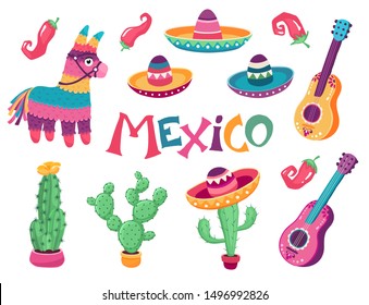 Mexico festival culture vector art. Mexican donkey, sombrero, guitar, cactus and jalapeno illustration isolated on white background.