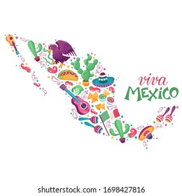 Mexico festival culture vector art. Mexican map with eagle, sombrero, guitar, cactus and jalapeno. Cartoon illustration isolated on white background.