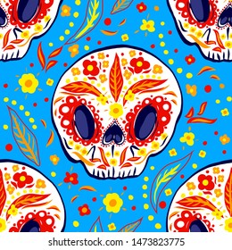mexico festive background with skulls and flower ornament.  seamless vector pattern