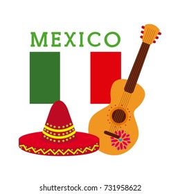 mexico festive hat guitar and flag celebration