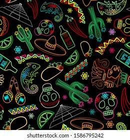 Mexico Fiesta Ornamental Line Art Elements Vector Seamless Repeat Textile Pattern
