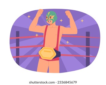 Mexico fight concept. Masked man with champion belt stands in arena. Active lifestyle and sports. Martial arts and boxing, wrestling. Tournament and competition. Cartoon flat vector illustration