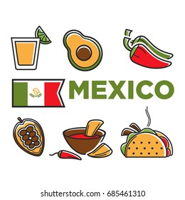 Mexico flad and traditional cuisine isolated illustrations set