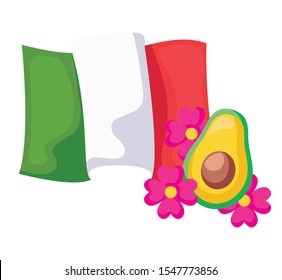 mexico flag with avocado and flowers vector illustration design