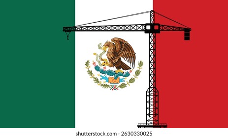 Bandeira do México com guindastes grandes, crescimento e desenvolvimento na indústria da construção, construção no México, levantamento pesado, conceito da indústria da construção, construção de local urbano