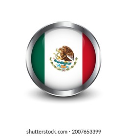 Botón Bandera de México en marco cromado de metal redondo con sombra. ilustración vectorial