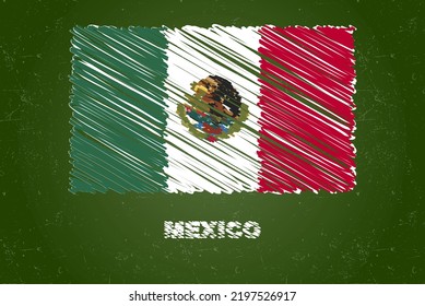 Bandera de México con efecto tiza sobre pizarra verde, concepto de bandera del país dibujante a mano, pizarra verde con bandera de México, textura de tiza, bandera para los niños, material de clase