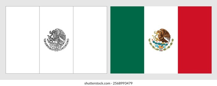 Mexico flag - coloring page. Set of white wireframe thin black outline flag and original colored flag.