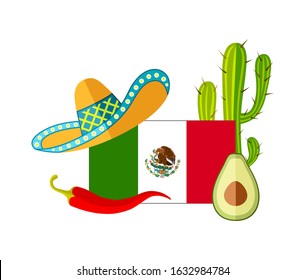 Mexico flag with a composition of traditional country symbols isolated on white background. Vector illustration in flat style. Template for travel agencies and advertising. Presentation Template.