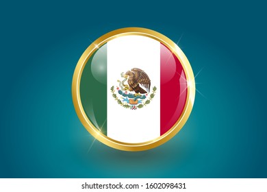 Mexico flag in the form of a circle, can be used for independence day or other events. Mexico icon gold glossy badge button with Mexico flag and shadow on light background. vector illustration. EPS 10