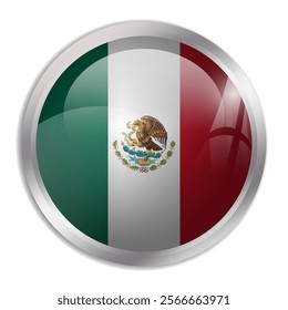 Mexico flag - glossy circle button displays a colorful flag representing a country cultural identity and heritage. The essence of national pride and unity.