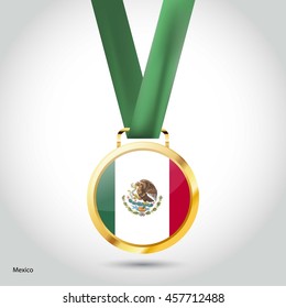 Mexico Flag in gold Medal. Vector Illustration. RIO Olympic Game gold Medal. Vector Illustration