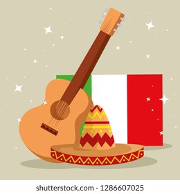 mexico flag with guitar and hat to culture event