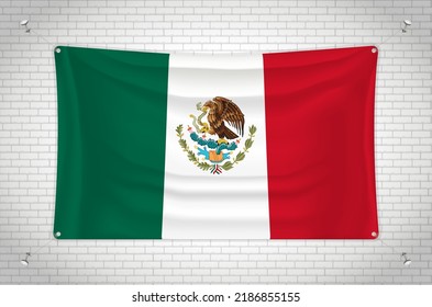 Mexico flag hanging on brick wall. 3D drawing. Flag attached to the wall. Neatly drawing in groups on separate layers for easy editing.