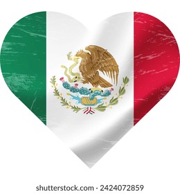 Bandera de México en forma de corazón grunge vintage. Corazón de bandera mexicana. Bandera del vector, símbolo. 