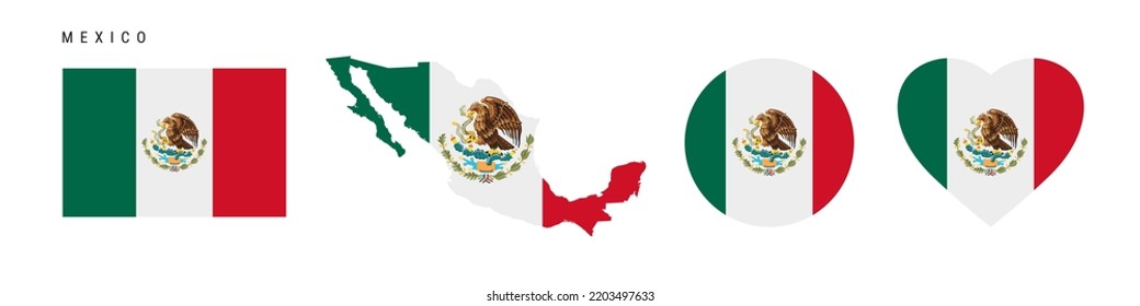 Mexico flag icon set. Mexican pennant in official colors and proportions. Rectangular, map-shaped, circle and heart-shaped. Flat vector illustration isolated on white.