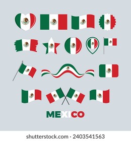 Mexico flag icon set vector isolated on a gray background. Mexican flag icons graphic design element. Flag of Mexico symbols collection. Set of mexico icons in flat style