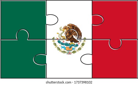 Mexico Flag Jigsaw Puzzle. Vector illustration. 6 pieces of puzzles. Simple puzzles for kids.