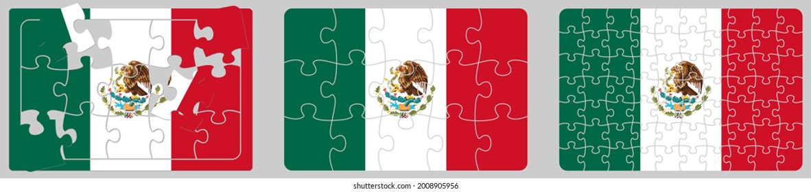 Mexico flag made out of puzzle pieces, different versions
