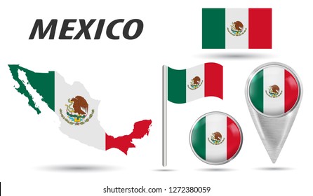 MEXICO. Flag, map pointer, button, waving flag, symbol, flat icon and map in the colors of the national flag. Vector illustration of collection of national symbols on various objects. Vector EPS 10 