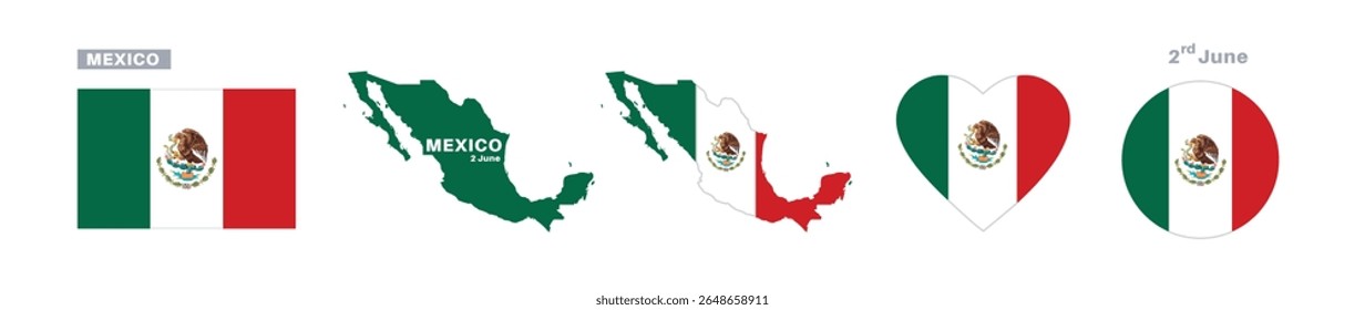 mexico flag and map set. mexico flag in official colors and proportions. independence day 2 june, map, circle and heart shaped mexico