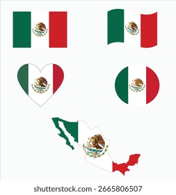 Bandera de México y conjunto de mapas. Bandera de México en colores y proporciones oficiales. Día de la Independencia 2 de junio, mapa, círculo, rectangular, ondulado y en forma de corazón México