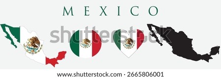 : Mexico flag and map set. Mexico flag in official colours and proportions. independence day 2 June, map, circle and heart shaped Mexico