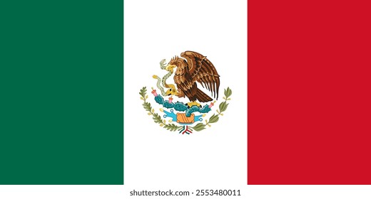 Mexico flag in official colors, dimensions and aspect ratio. Vector flag symbolizing national pride, identity, heritage, patriotism and authority