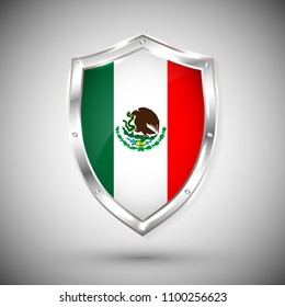 Mexico flag on metal shiny shield vector illustration. Collection of flags on shield against white background. Abstract isolated object.