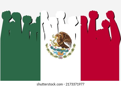 Mexiko-Flagge mit erhöhter Protest Hände, Vektorgrafik, Logo des Landes, Mexiko-Protestkonzept, flaches Design gegen Idee