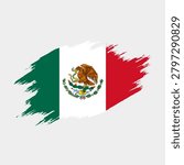 A Mexico flag rendered in a paintbrush stroke style with dynamic brush marks creating an artistic interpretation of the national flag with eagle coat of arms. The green, white, and red vertical stripes are applied with visible brushstroke texture effects on a light grey background.