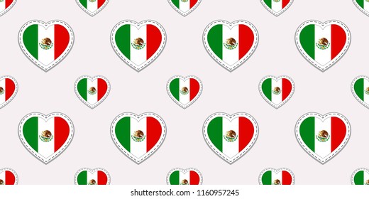 Mexico flag seamless pattern. Vector Mexican flags stickers. Love hearts symbols. Texture for language courses, sports pages, travel, school geographic design element. Patriotic wallpaper