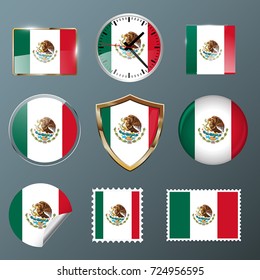 Mexico flag set collection in badges, labels, watch, stamps,shields, buttons