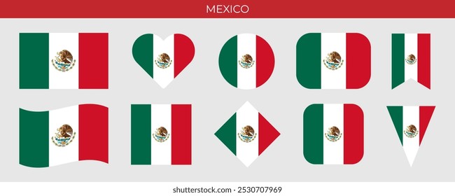 Bandera de México. Bandera mexicana detallada y escudo de armas. Símbolo de águila. Ilustración vectorial aislada sobre fondo blanco