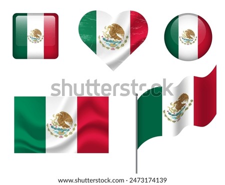 Mexico flag set of icons. Vector flag of Mexico, symbol. Set of Mexican flags button, waved, heart.