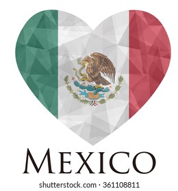 Mexico flag shape heart in geometric rumpled triangular low poly origami style graphic illustration,mosaic polygonal style.Symbol of love to country.Retro or vintage style background.