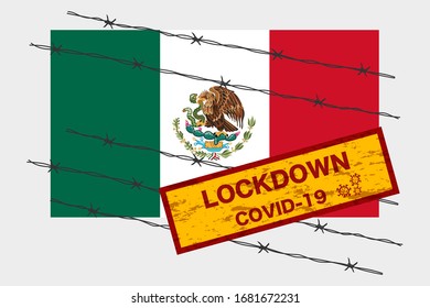 Bandera de México con seguridad de advertencia de bloqueo de carteles debido a la crisis del coronavirus covid-19 diseño de la enfermedad con el vector de aislamiento con cable de la barba