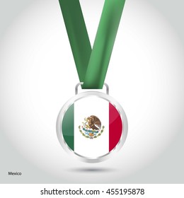 Mexico Flag in Silver Medal. Vector Illustration. RIO Olympic Game silver Medal. Vector Illustration