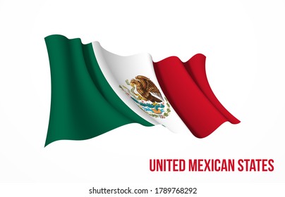 Mexico flag state symbol isolated on background national banner. Greeting card National Independence Day of the United Mexican States. Illustration banner with realistic state flag of UMS.