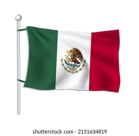 Mexico flag waves on a flagpole, white background vector