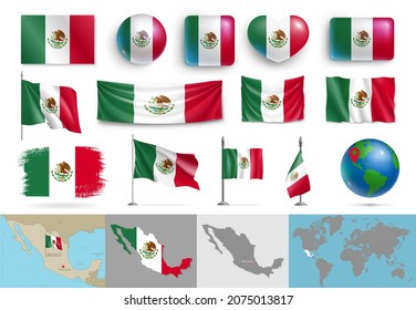 Mexico flags of various shapes and geographic map set. Realistic Mexican flags, glossy buttons in patriotic colors, highly detailed map and globe with identification pin vector illustration