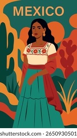 Mexico. Flat bright vector illustration of Mexican woman in traditional clothes with abstract Mexican decorative elements. Festive and cultural image of Latin American heritage