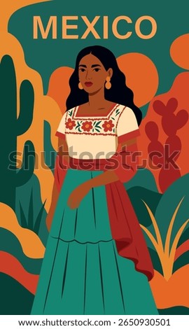 Mexico. Flat bright vector illustration of Mexican woman in traditional clothes with abstract Mexican decorative elements. Festive and cultural image of Latin American heritage