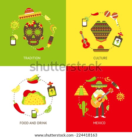 Mexico flat icons set with tradition culture food and drink isolated vector illustration