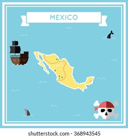 Mexico flat treasure map. Colorful cartoon treasure map of Mexico with flat icons of pirate ship, jolly roger, treasure chest and banner ribbon. Flat design vector illustration.